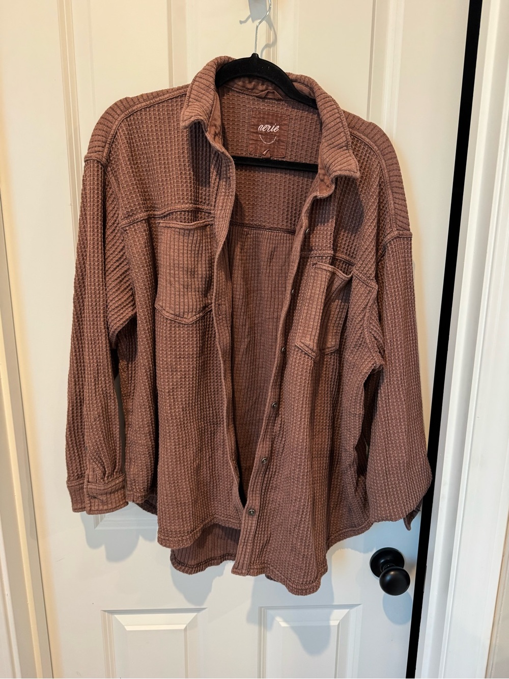 Aerie Waffle-Knit Button Front Shacket in Mauve Brown